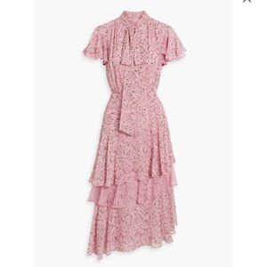 Mikael Aghal Lace-Trimmed Ruffle Floral-Print Midi dress